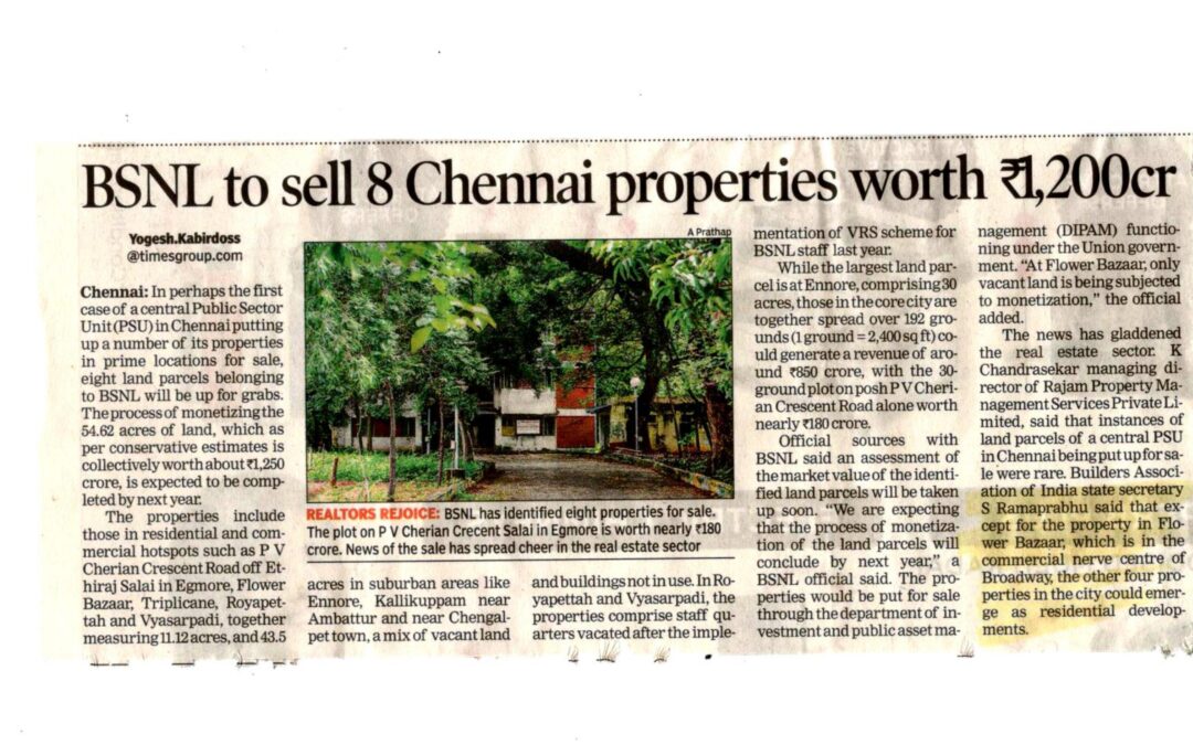 BSNL to sell 8 Chennai properties worth 1200 Cr